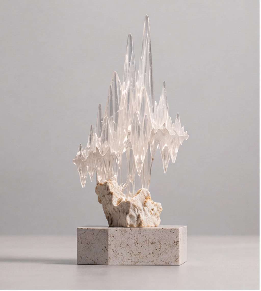 HOMZURE multi-dimensional clear pointed sculpture viewed against a gray backdrop