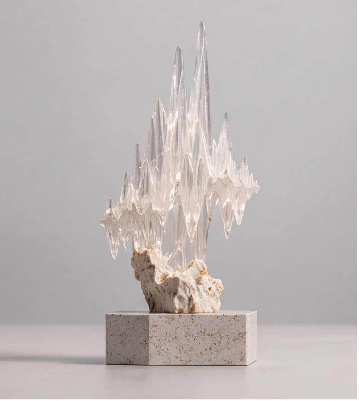 HOMZURE multi-dimensional clear pointed sculpture viewed against a gray backdrop