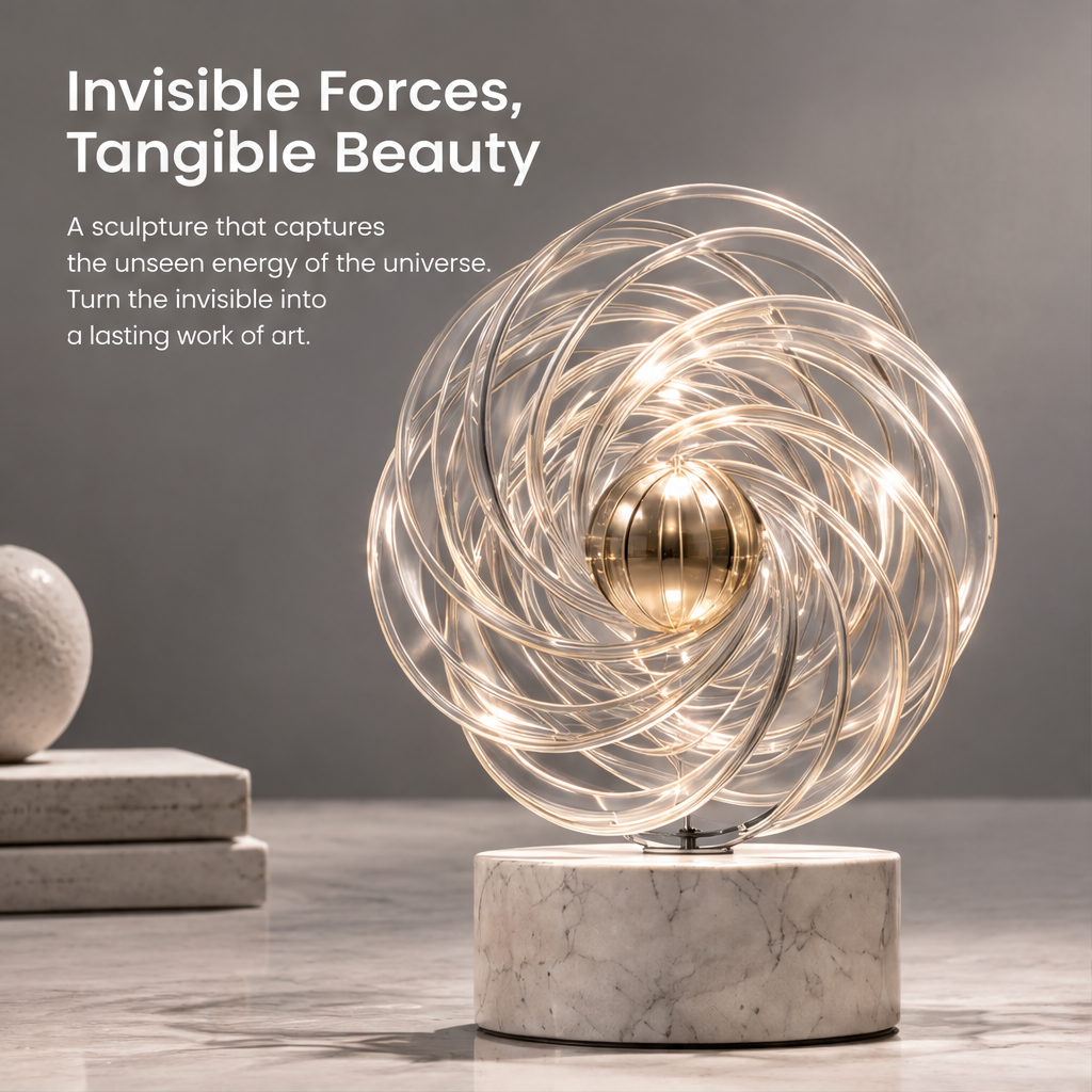 Front angled view of HOMZURE orbital swirl sculpture with a gold-tone sphere and translucent loops