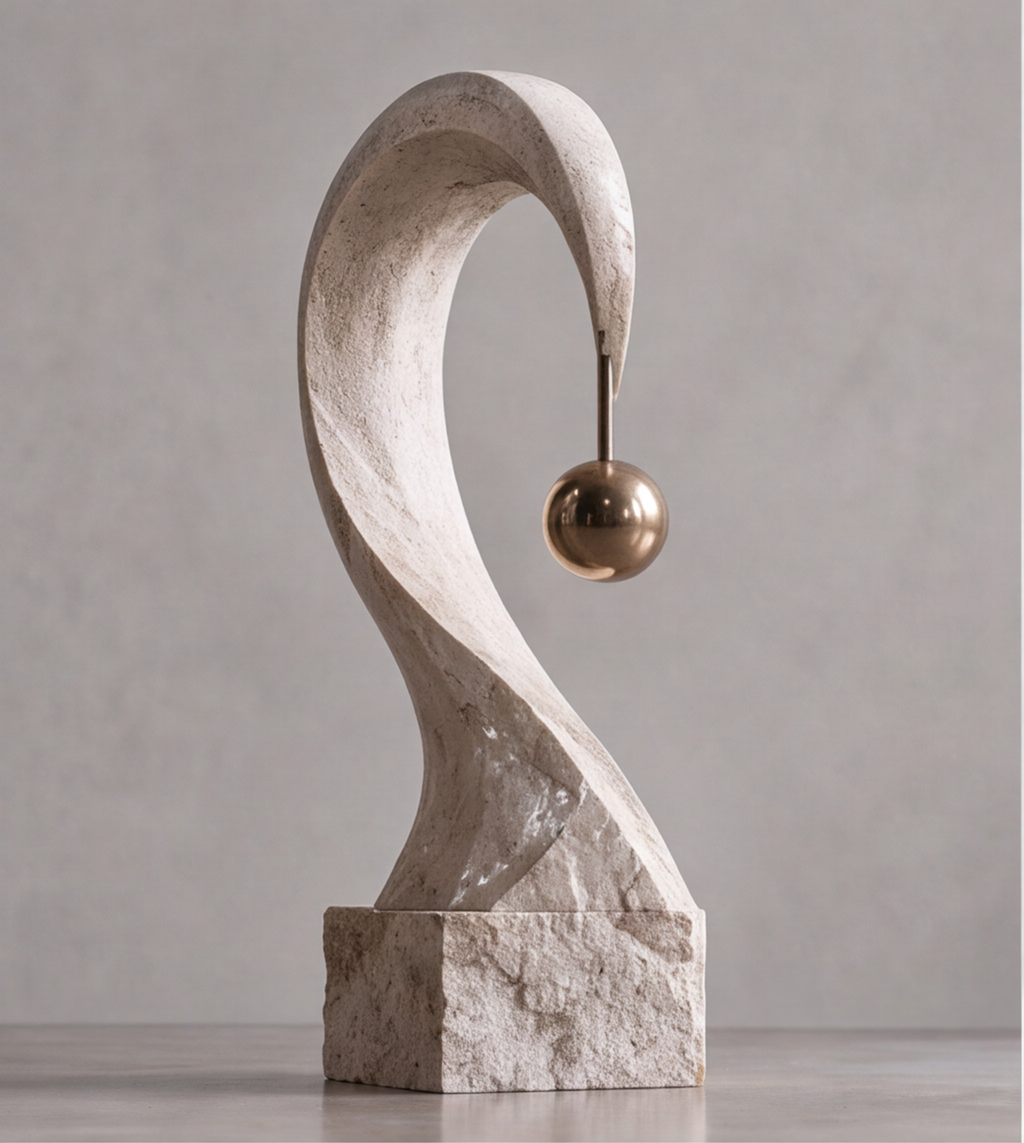 Close-up of the textured curved surface and gold-tone sphere on the HOMZURE sculpture