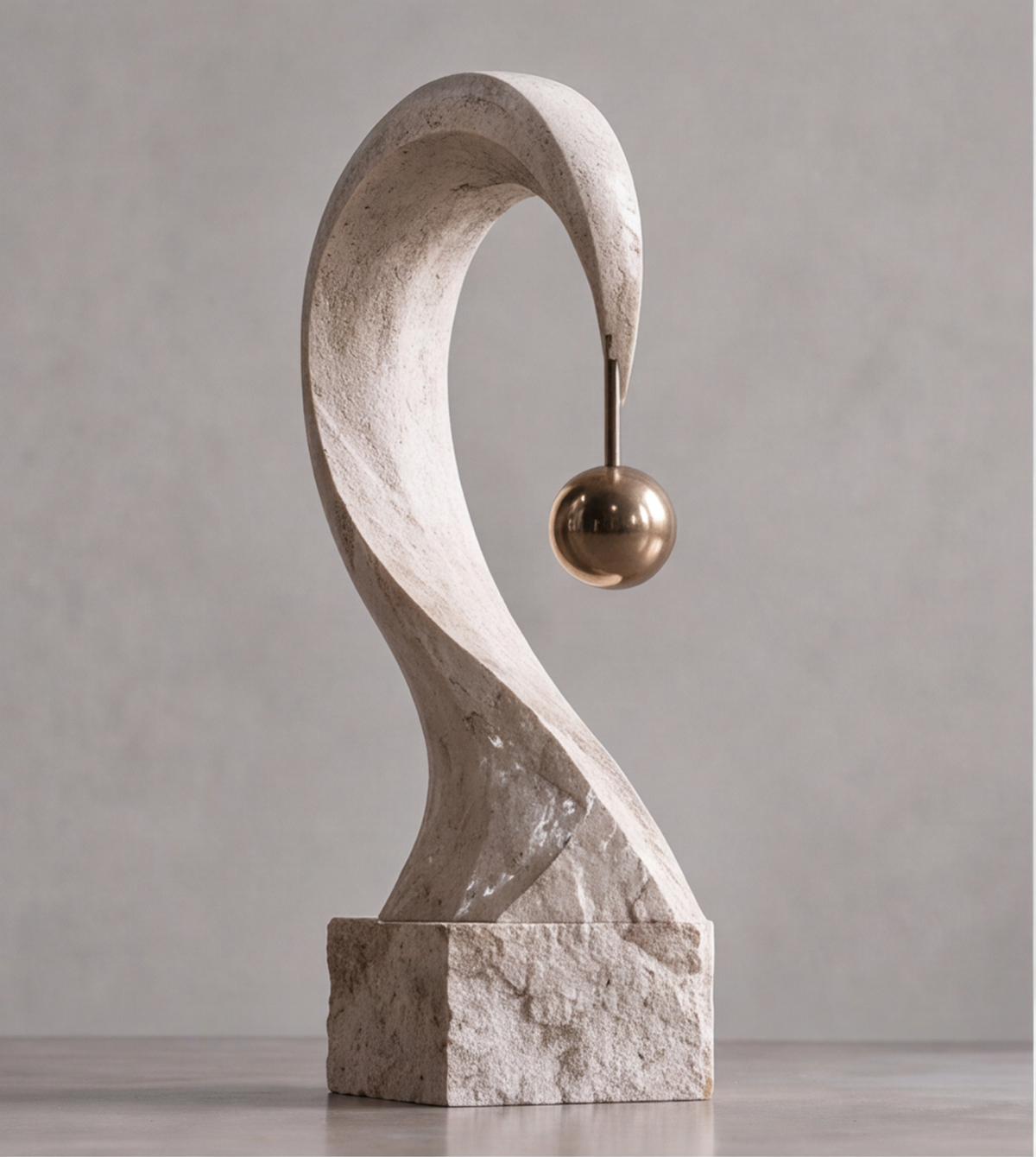 Close-up of the textured curved surface and gold-tone sphere on the HOMZURE sculpture