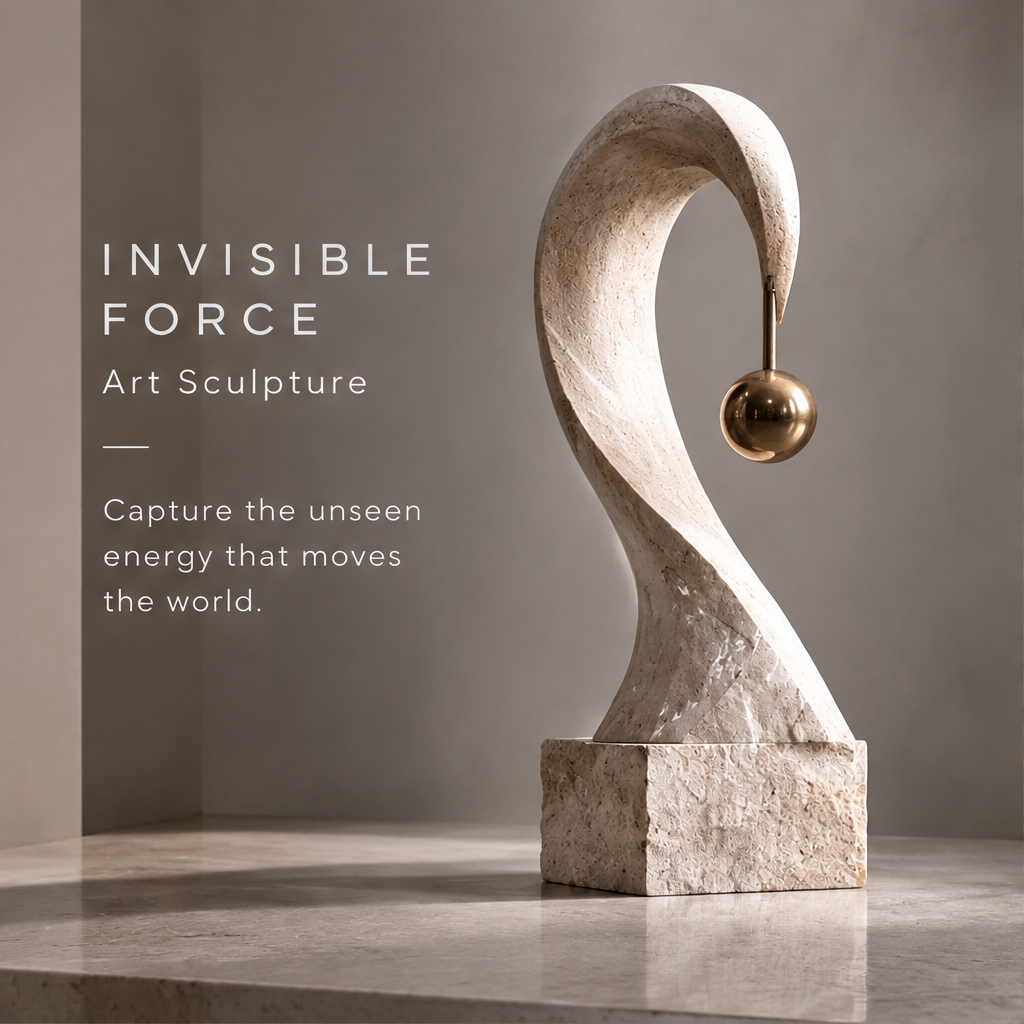 Side view of the HOMZURE textured pale curved sculpture and gold-tone hanging sphere