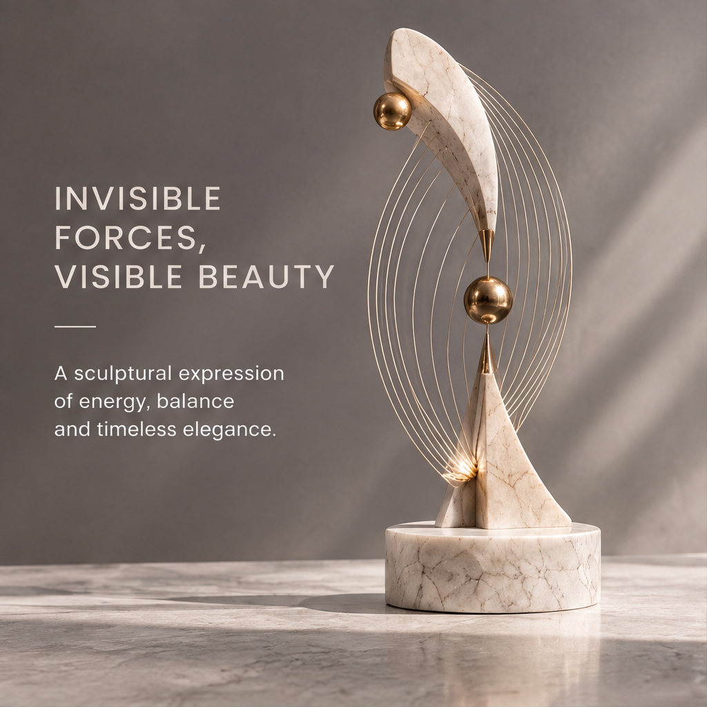 HOMZURE gold arc sculpture styled on a console beside stacked books and a bowl