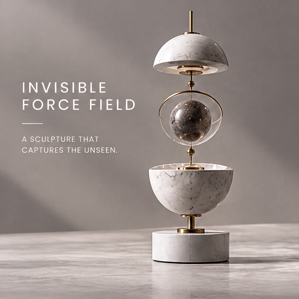 HOMZURE orbital balance sculpture with pale veined upper and lower half-spheres framing a dark sphere and gold-tone ring on a round base