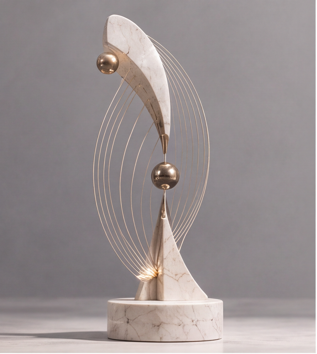 Alternate front view of the HOMZURE gold arc sculpture on a pale veined round base