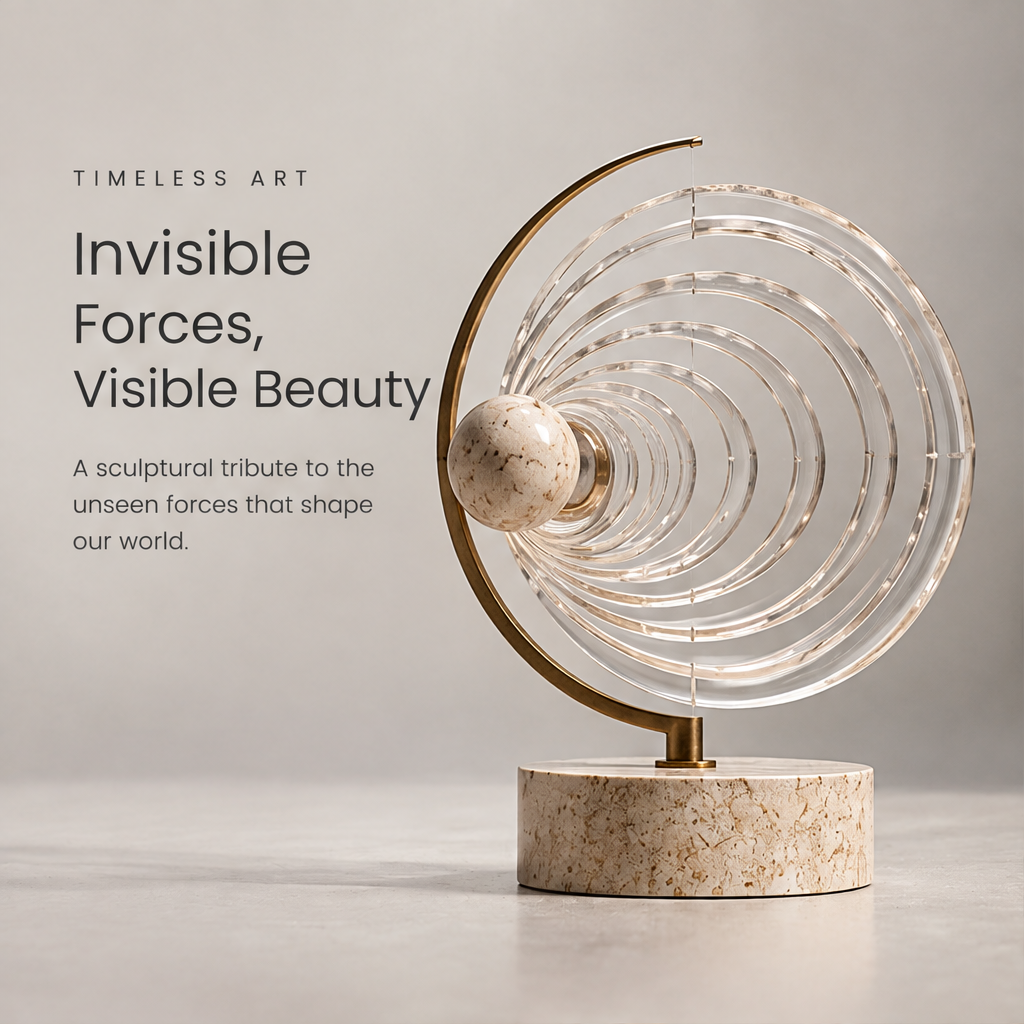 Close-up of HOMZURE sculpture's pale speckled sphere, transparent rings and gold-tone arc