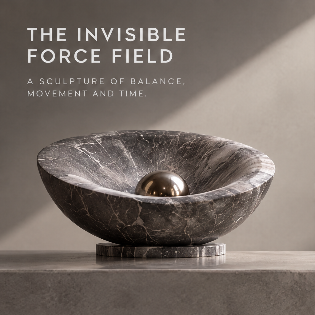 Front view of HOMZURE dark veined shallow bowl sculpture with central metallic-look sphere