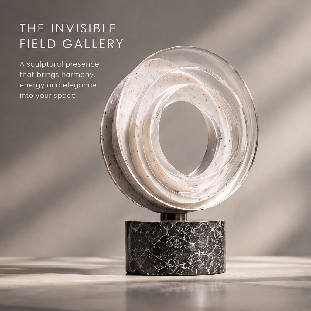 Angled view of the HOMZURE overlapping ring sculpture showing its layered depth
