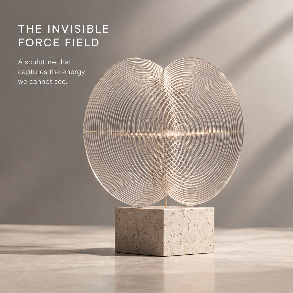 Side angle of the HOMZURE circular-line sculpture showing layered depth