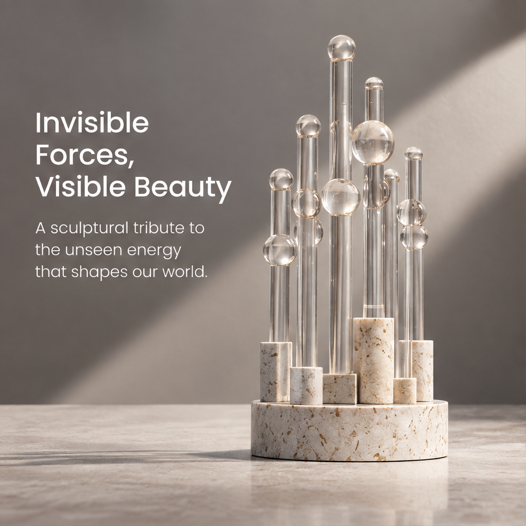 HOMZURE clear sphere and column sculpture on a pale speckled circular base against a plain background