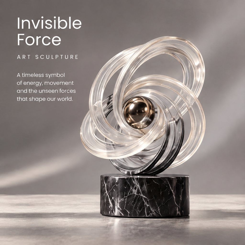 Close-up of clear intertwined curves around the reflective center sphere of the HOMZURE sculpture