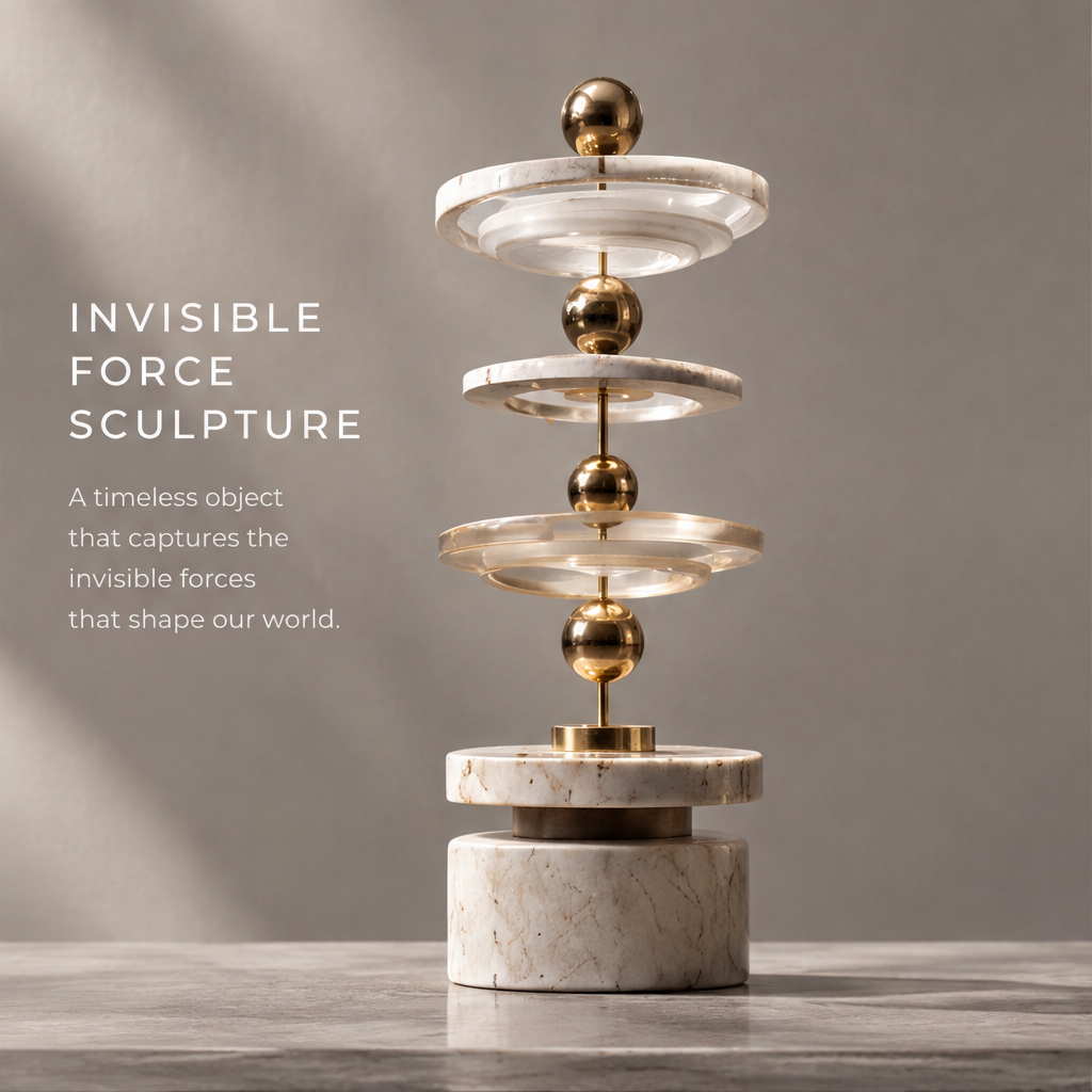 Front view of HOMZURE vertical orbit sculpture showing transparent discs and gold-tone spheres