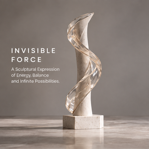 Full view of HOMZURE spiral sculpture against a neutral background with Invisible Force message