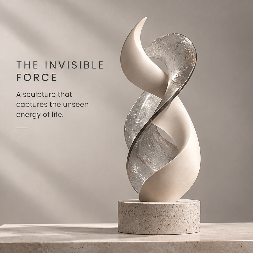 Front view of HOMZURE flowing pale and translucent curved sculpture on a round base