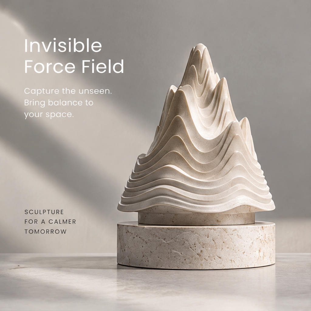Angled view of HOMZURE mountain sculpture showing its rippling layers and round textured base