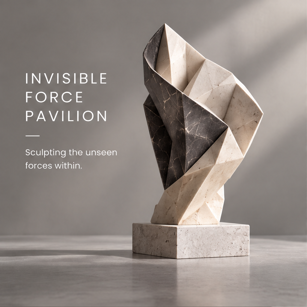 Front view of HOMZURE angular folded geometric sculpture showing its pale and dark veined faces