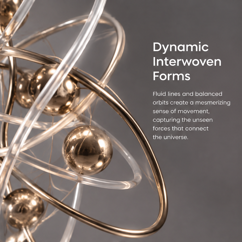HOMZURE interwoven orbit sculpture with clear and gold-tone rings, reflective gold-tone spheres and a pale veined square base against a plain background