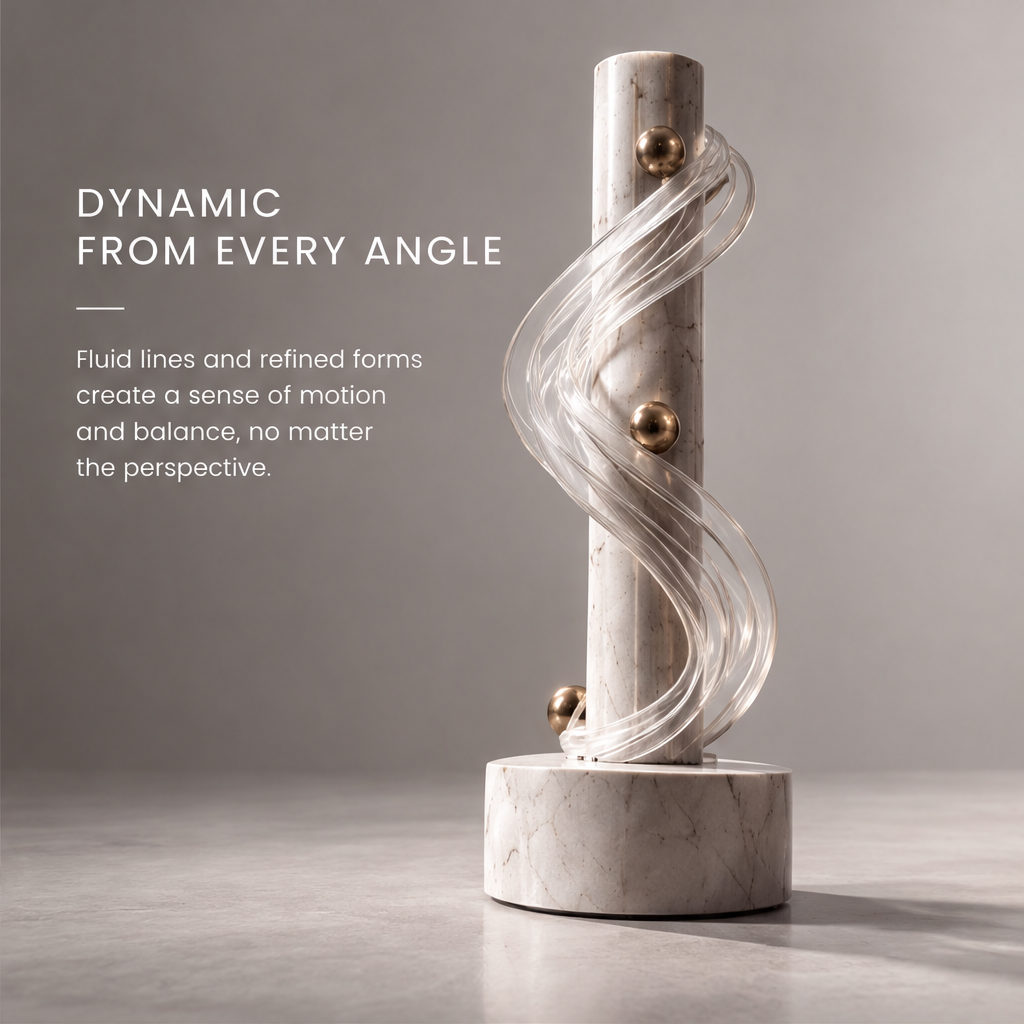Close-up of HOMZURE sculpture's translucent spiral lines against the pale veined column and gold-tone sphere