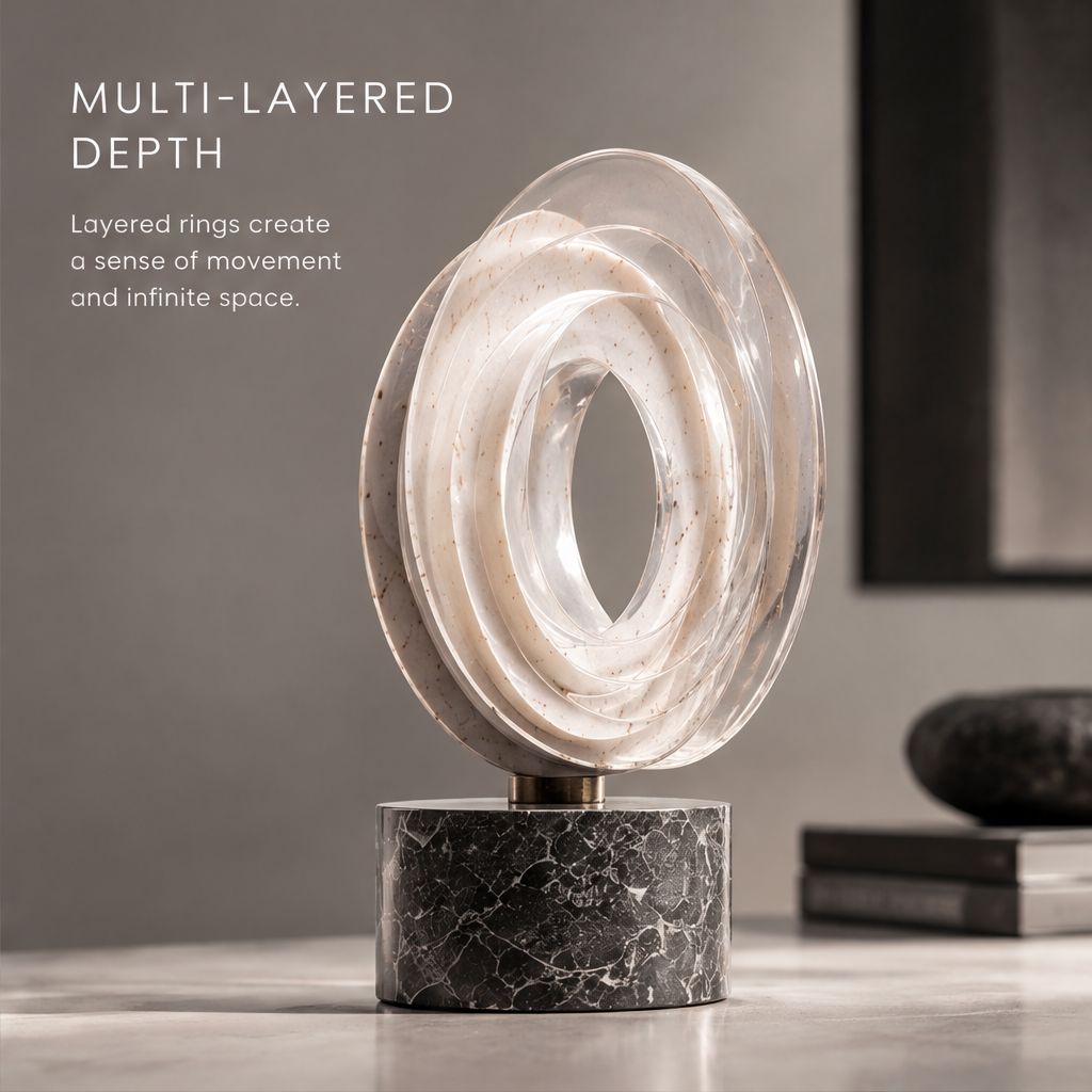 Close-up of the pale speckled layers and defined edges of the HOMZURE ring sculpture
