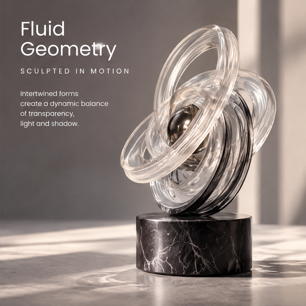 HOMZURE clear looping orbit sculpture styled on a console beside stacked books