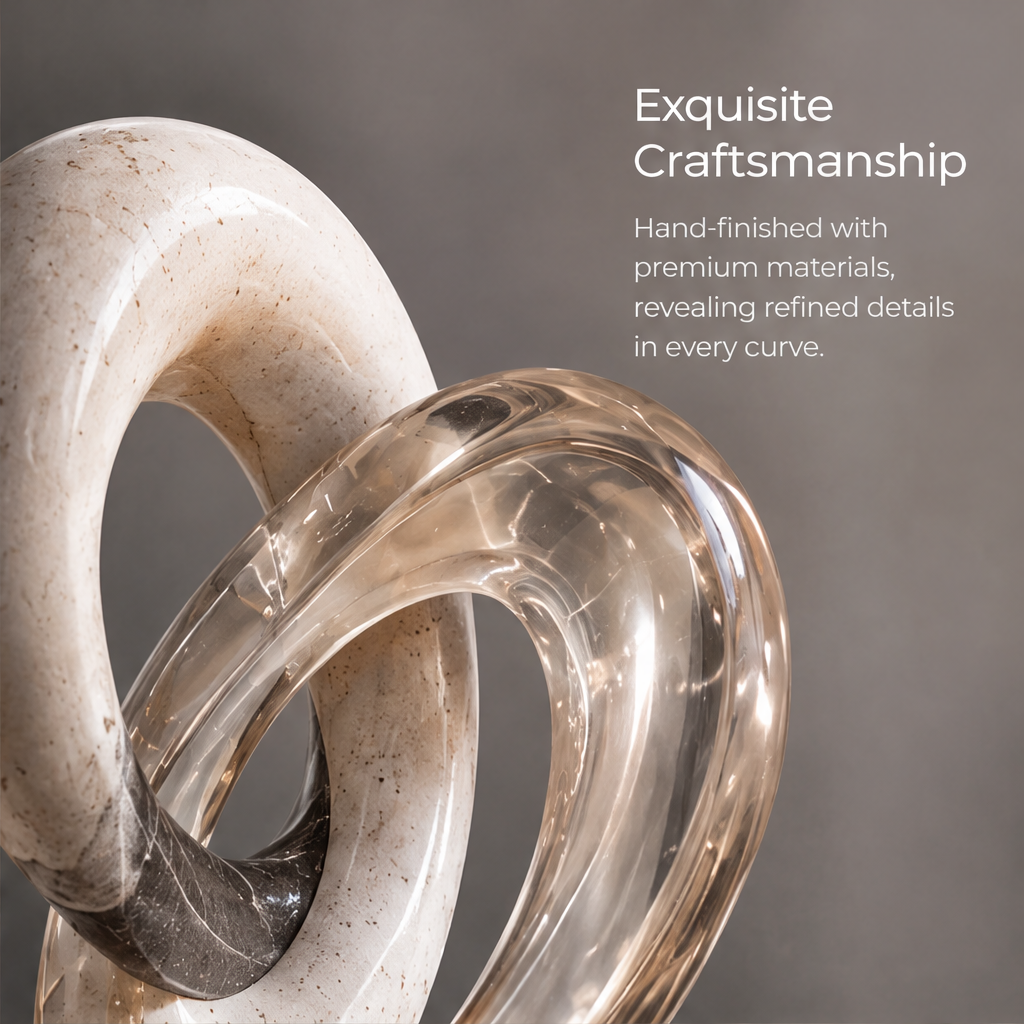 HOMZURE interlocking loop sculpture styled on a dark console beside books and a bowl