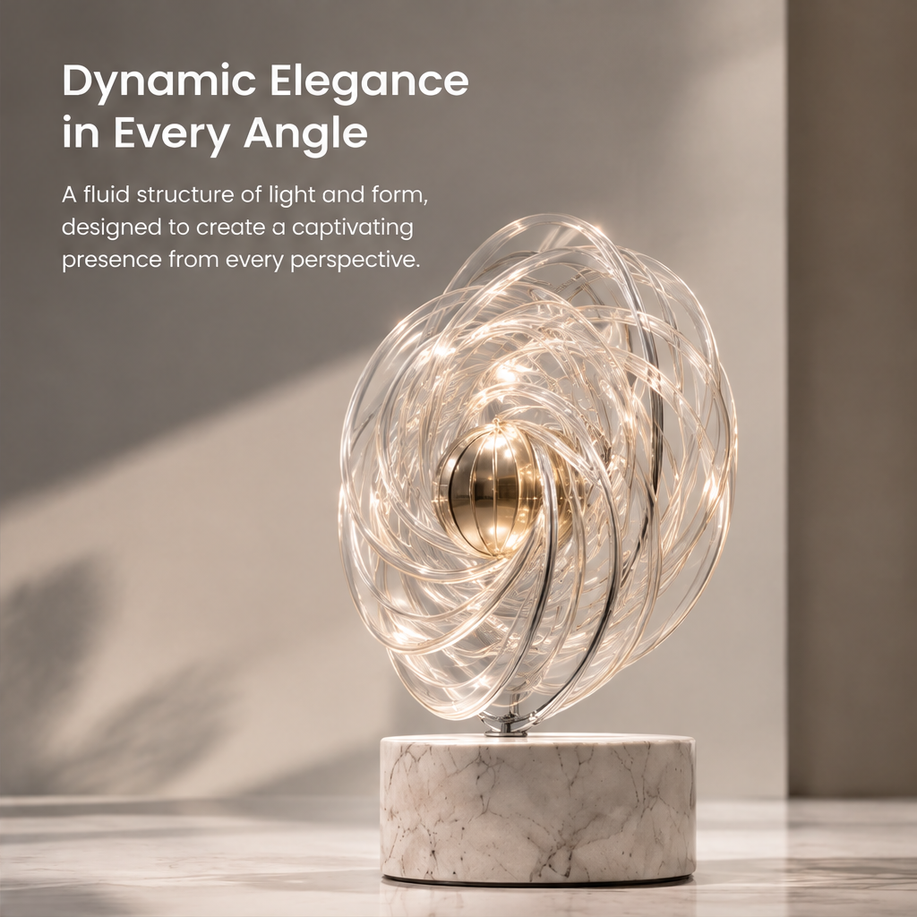 Side angle of HOMZURE clear looping sculpture on a pale cylindrical base