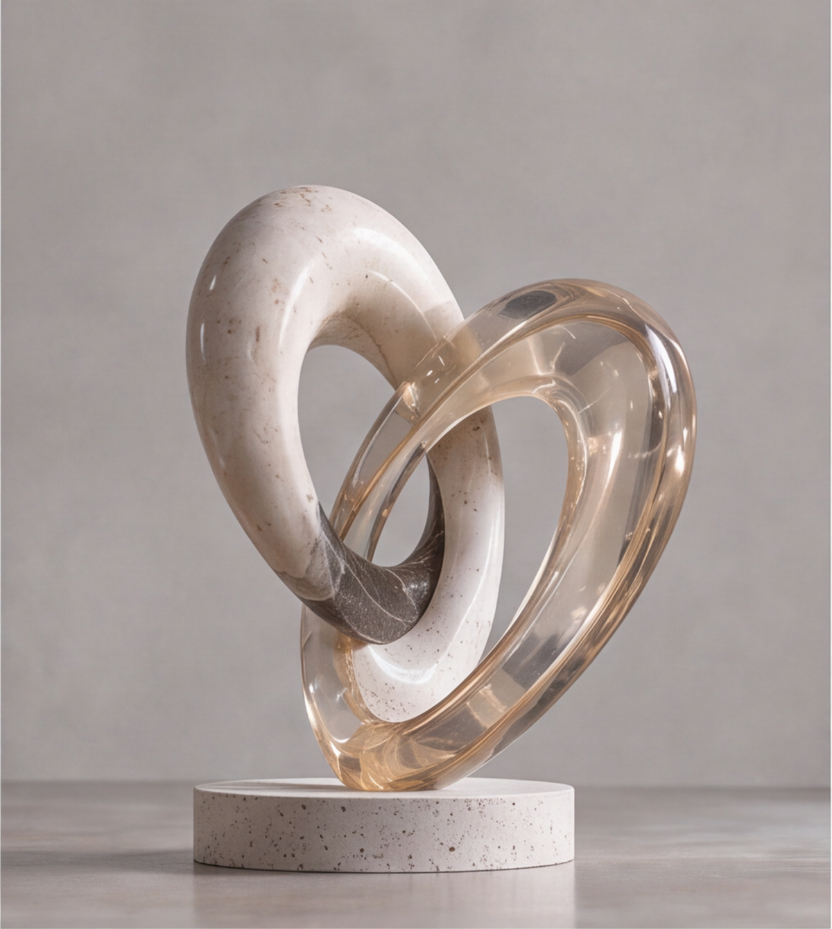 Front view of the HOMZURE pale and translucent amber-toned interlocking rings on a round base