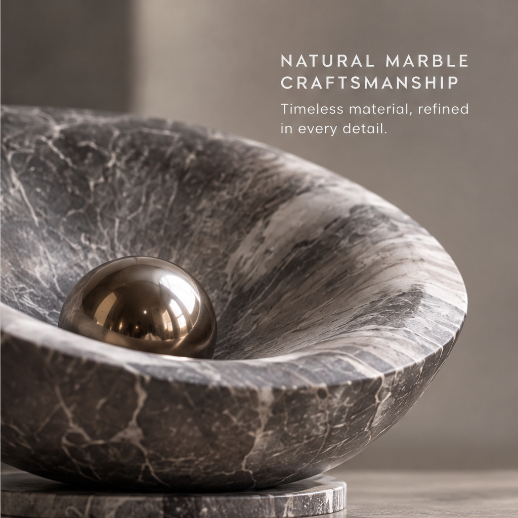 Overhead view of HOMZURE veined decorative bowl showing its reflective central sphere