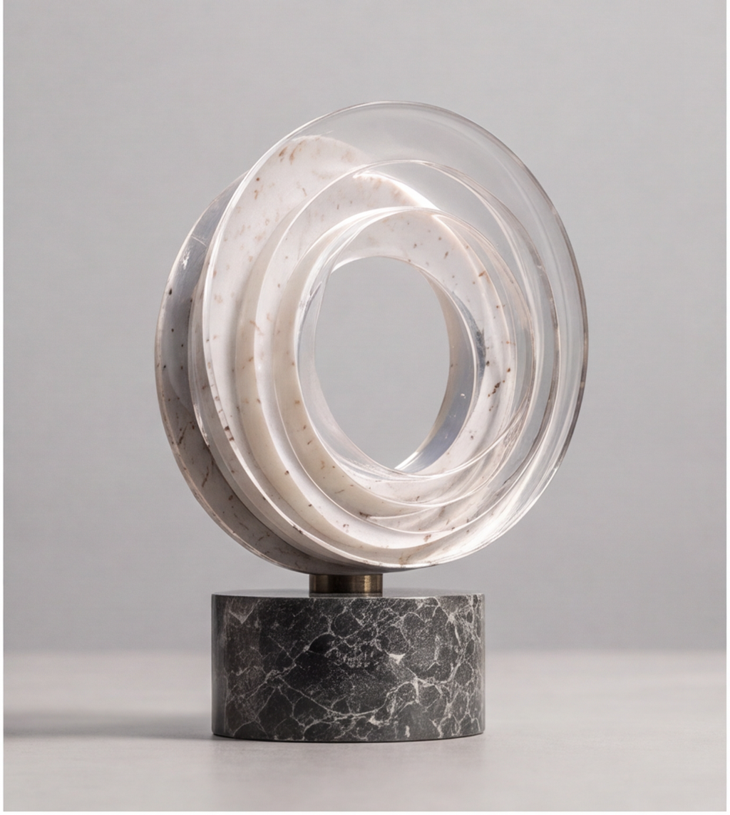 Front view of the HOMZURE open-center ring sculpture on a dark veined base