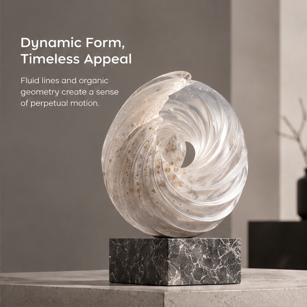 HOMZURE swirling sculpture styled on a pale console in a modern room