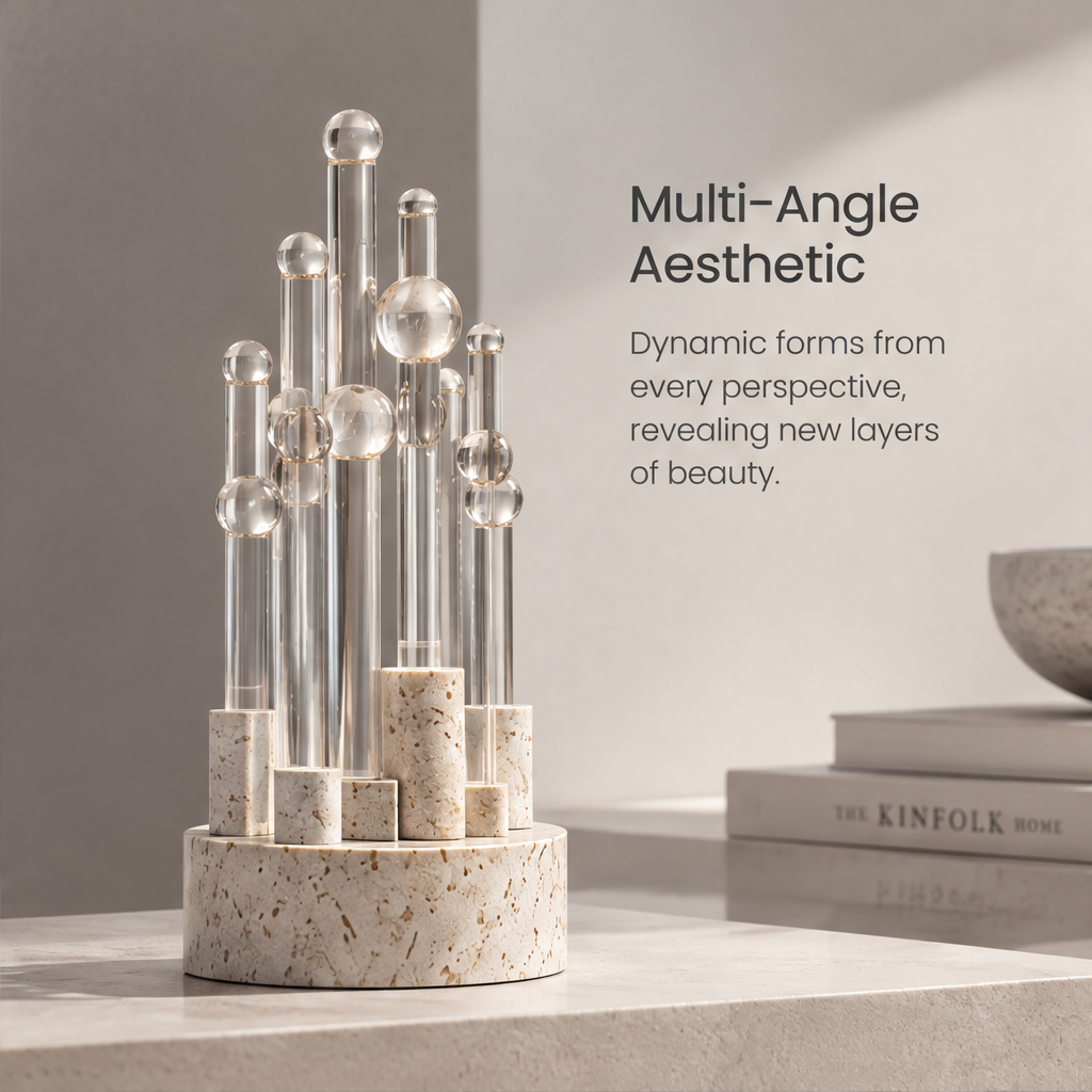 HOMZURE upright clear rods and spheres of different heights on a round pale base