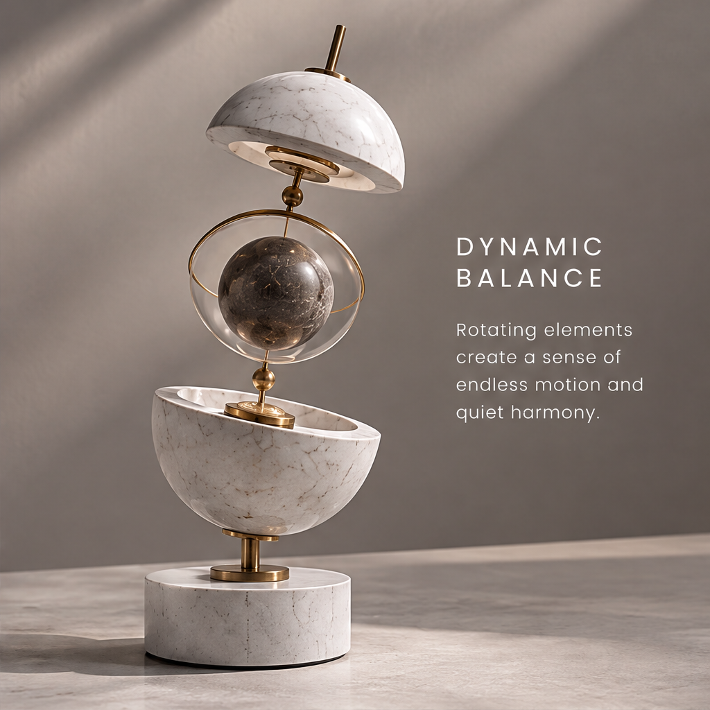 Front view of HOMZURE sculpture with dark central globe suspended between pale half-spheres