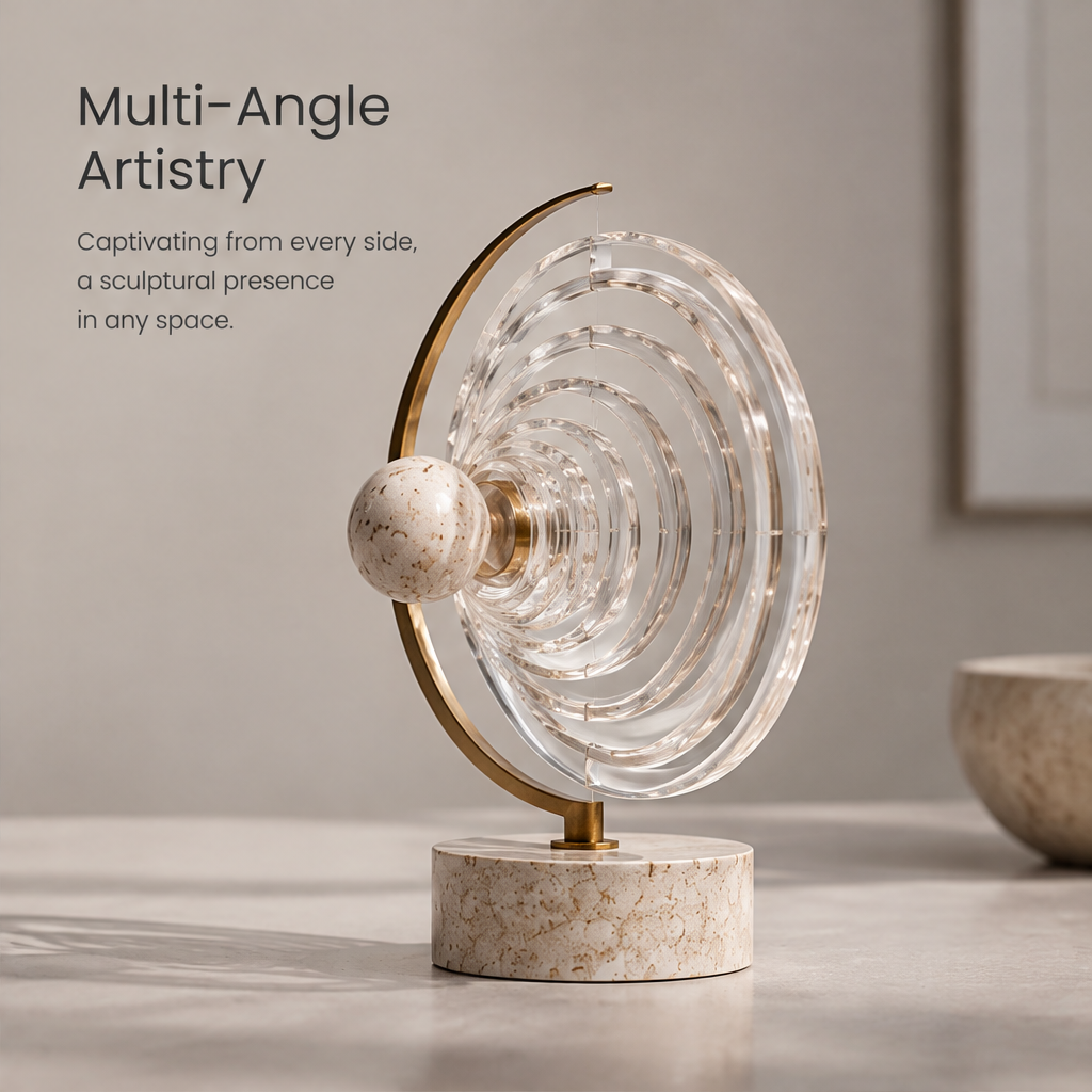 Angled view of HOMZURE sculpture showing its layered clear rings and curved gold-tone accent