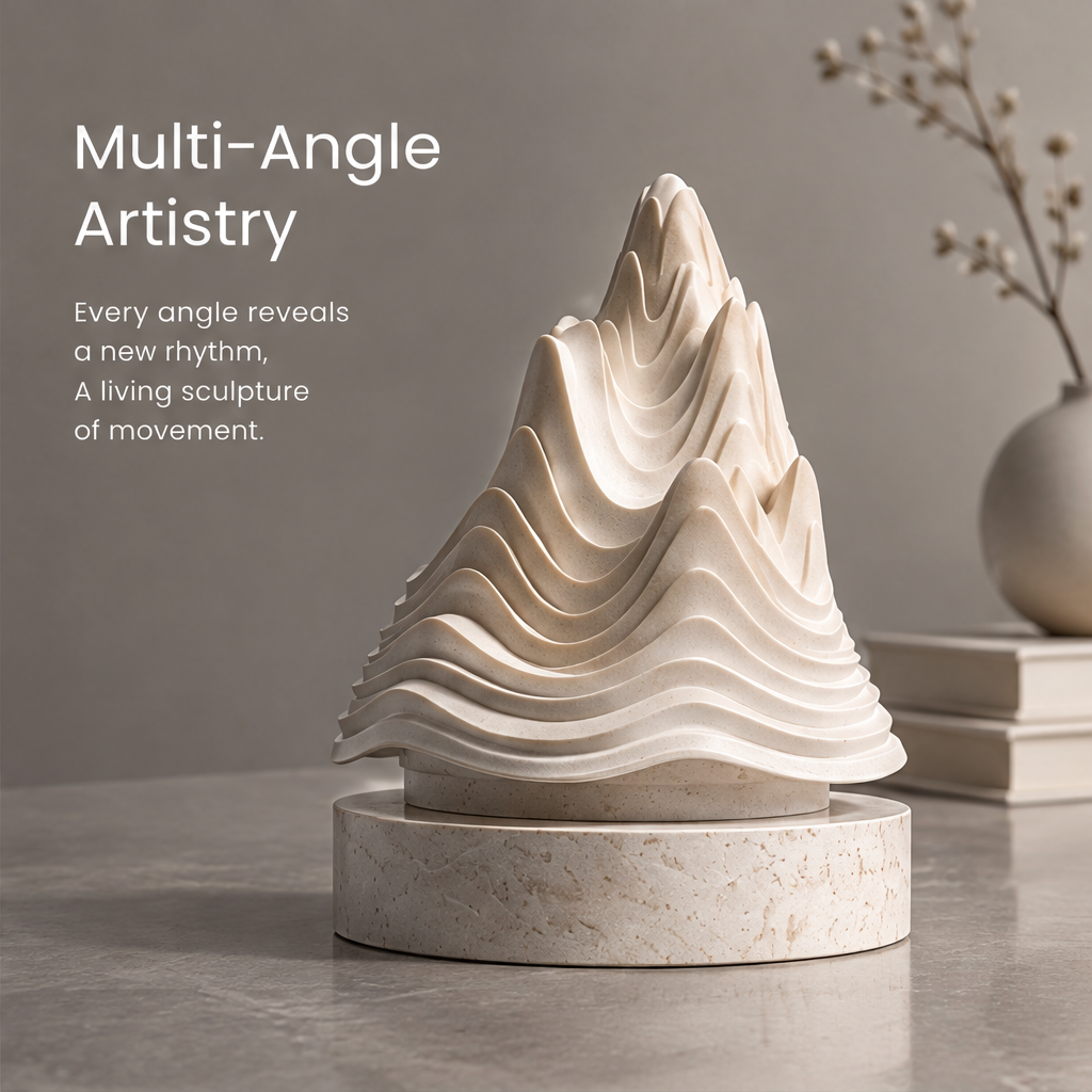 Front view of HOMZURE sculptural mountain form with undulating pale layers