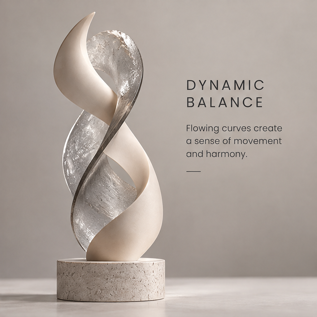 HOMZURE flowing ribbon sculpture with pale and translucent intertwined curves on a speckled round base against a plain backdrop
