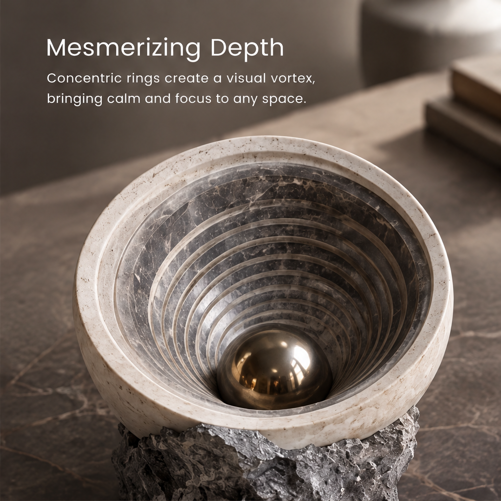 Close-up of HOMZURE bowl's concentric rings and reflective sphere above its rugged base