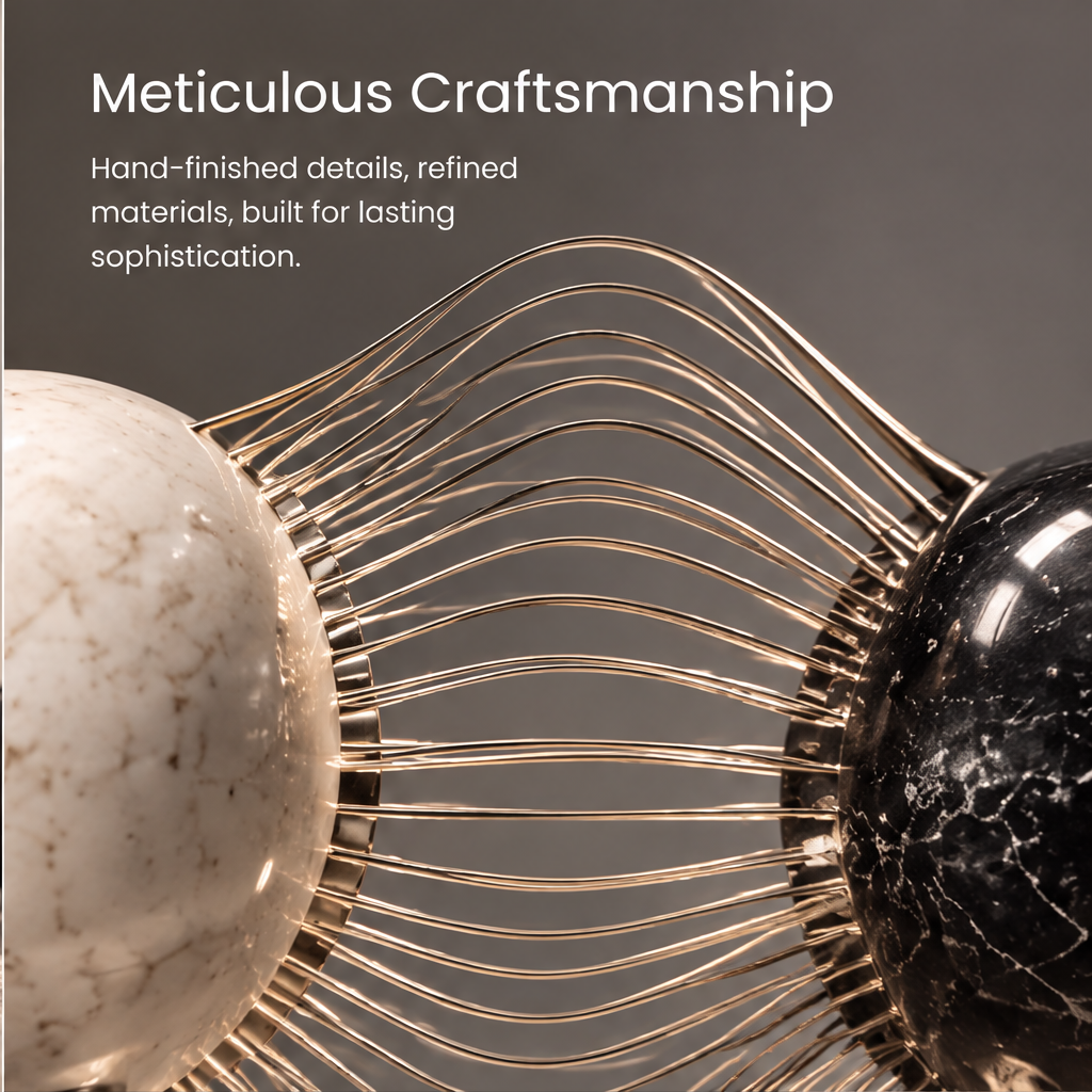 Front view of HOMZURE dual sphere sculpture showing the flowing lines between the pale and black spheres