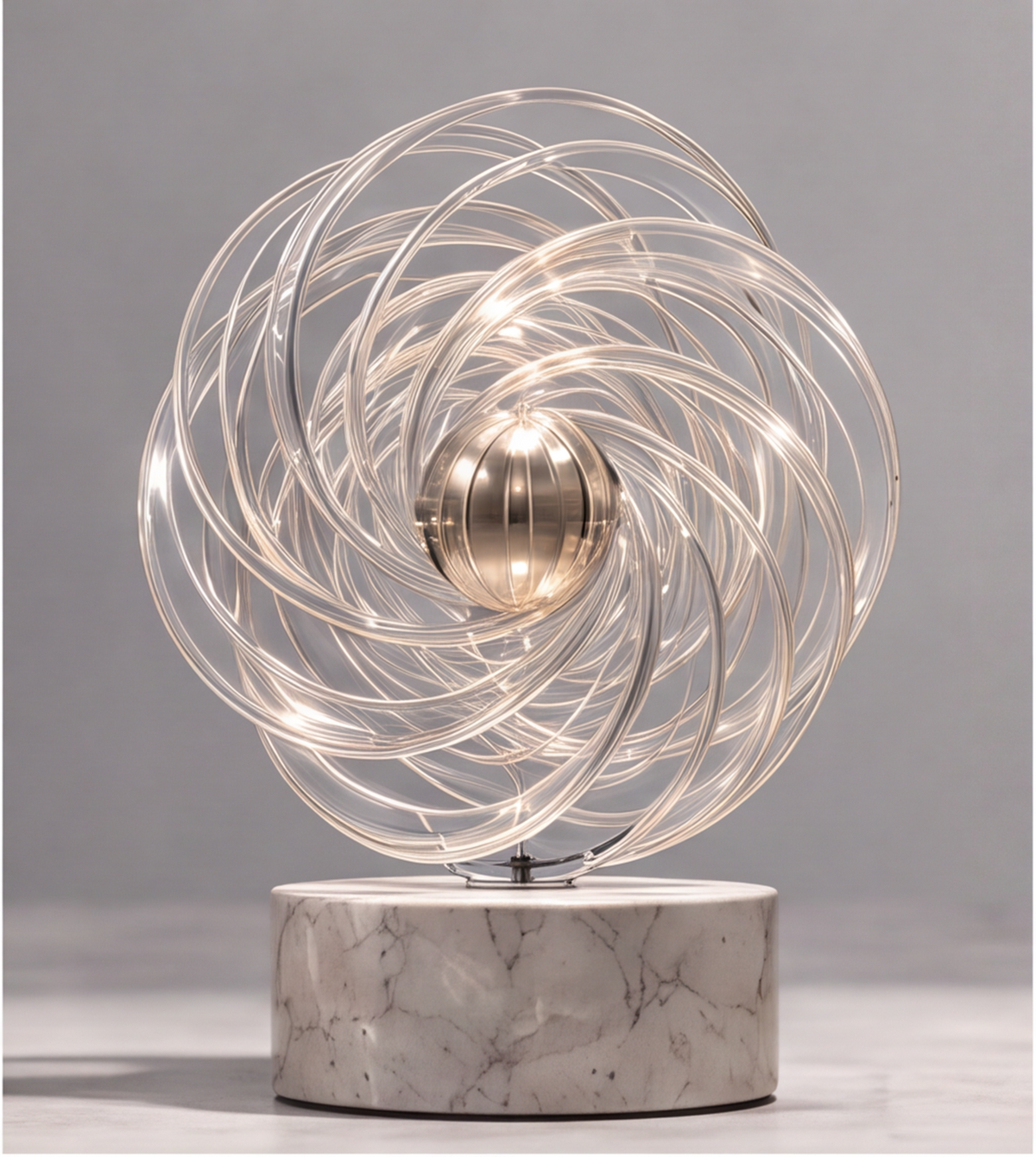 Close-up of the gold-tone center sphere and intertwined clear loops of the HOMZURE sculpture