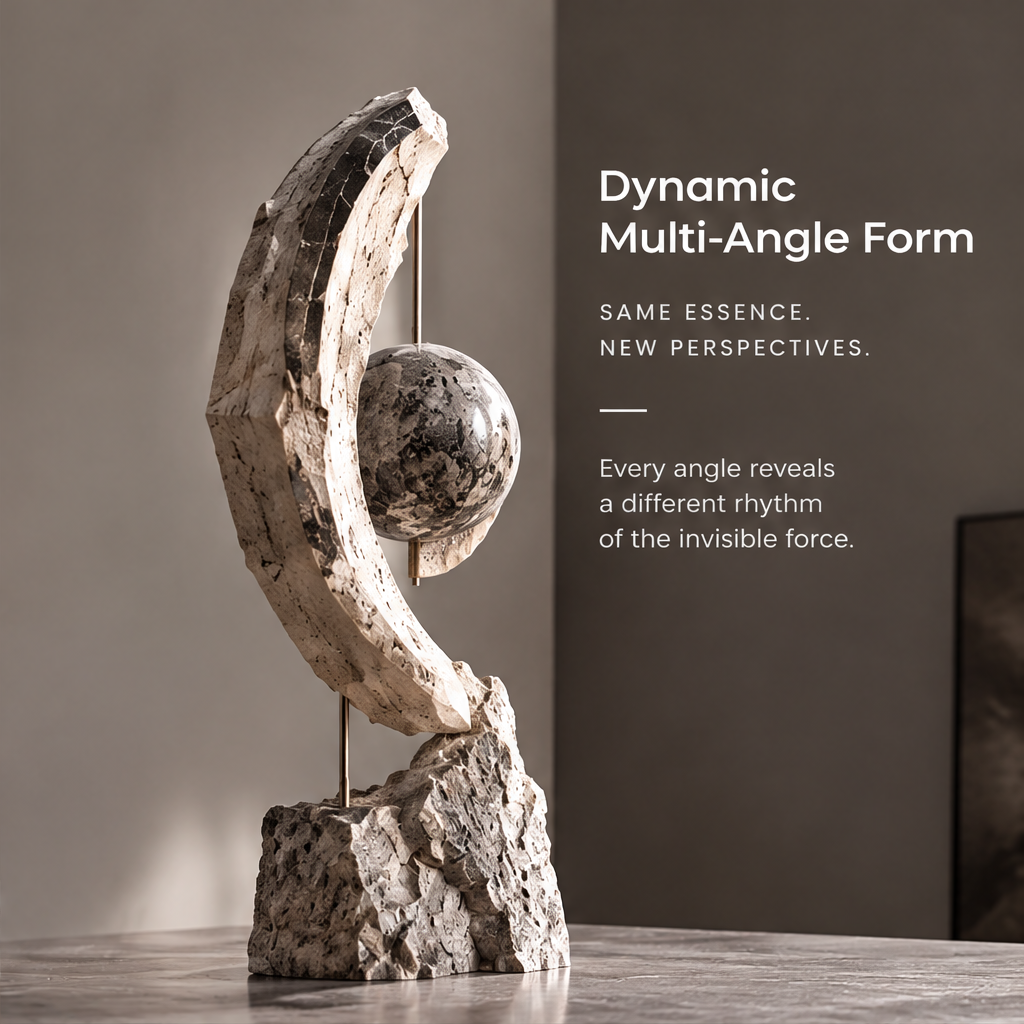 HOMZURE crescent and patterned sphere sculpture styled on a dark console