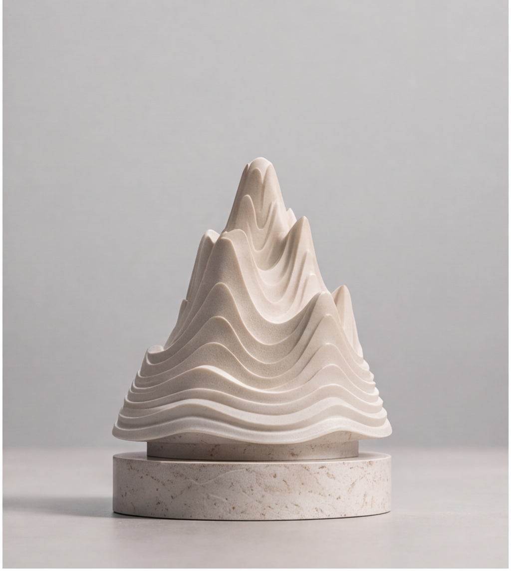 HOMZURE layered mountain sculpture displayed on a console with books and framed artwork
