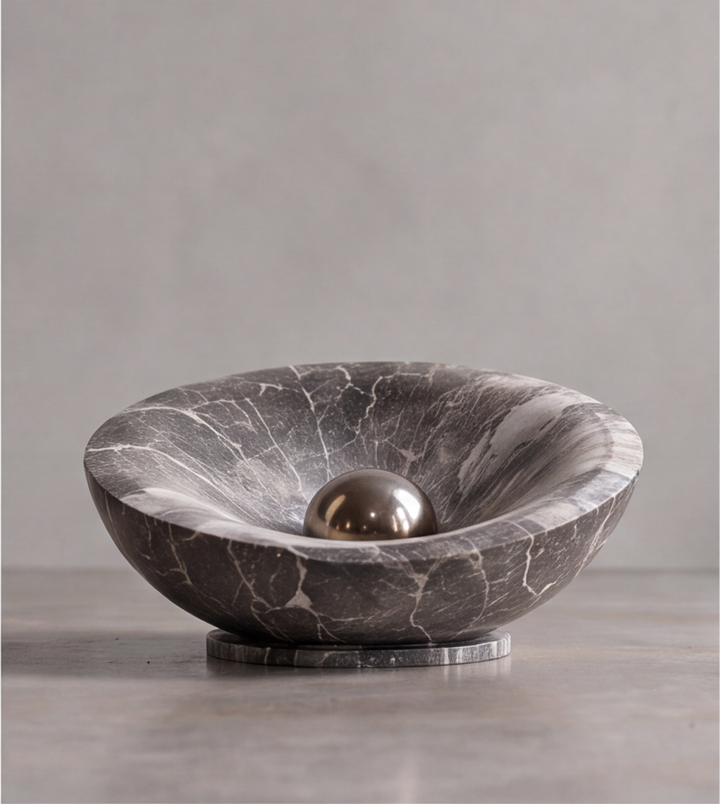 HOMZURE dark veined shallow decorative bowl with a reflective sphere in the center on a low round base against a plain background