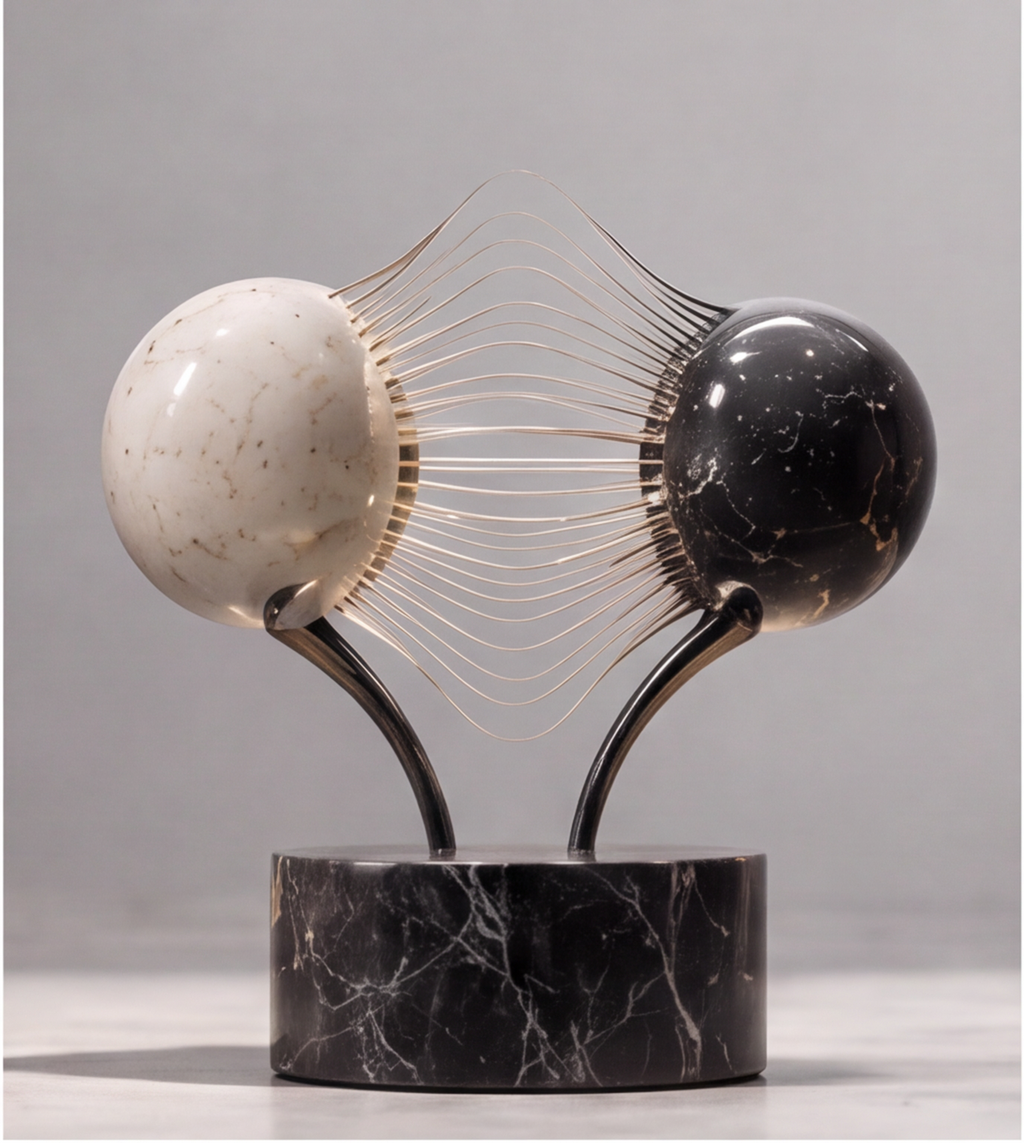 HOMZURE dual sphere sculpture with pale and dark veined spheres connected by curved metallic lines on a dark round base