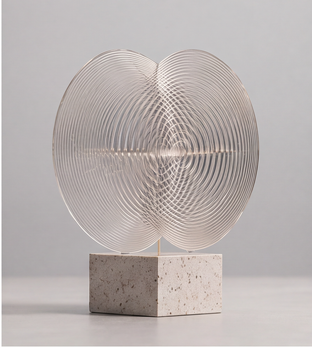 HOMZURE overlapping clear circular-line sculpture on a pale speckled square base against a plain backdrop