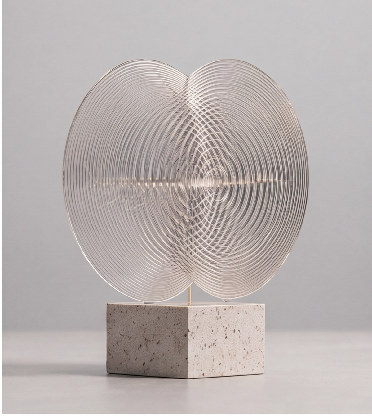 HOMZURE overlapping clear circular-line sculpture on a pale speckled square base against a plain backdrop