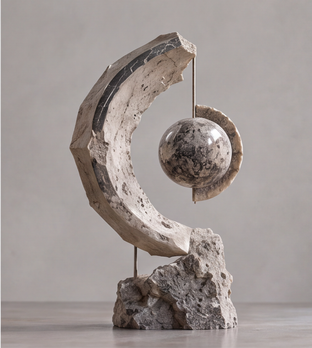 Front view of HOMZURE crescent sphere decorative sculpture on its rugged stone-look base