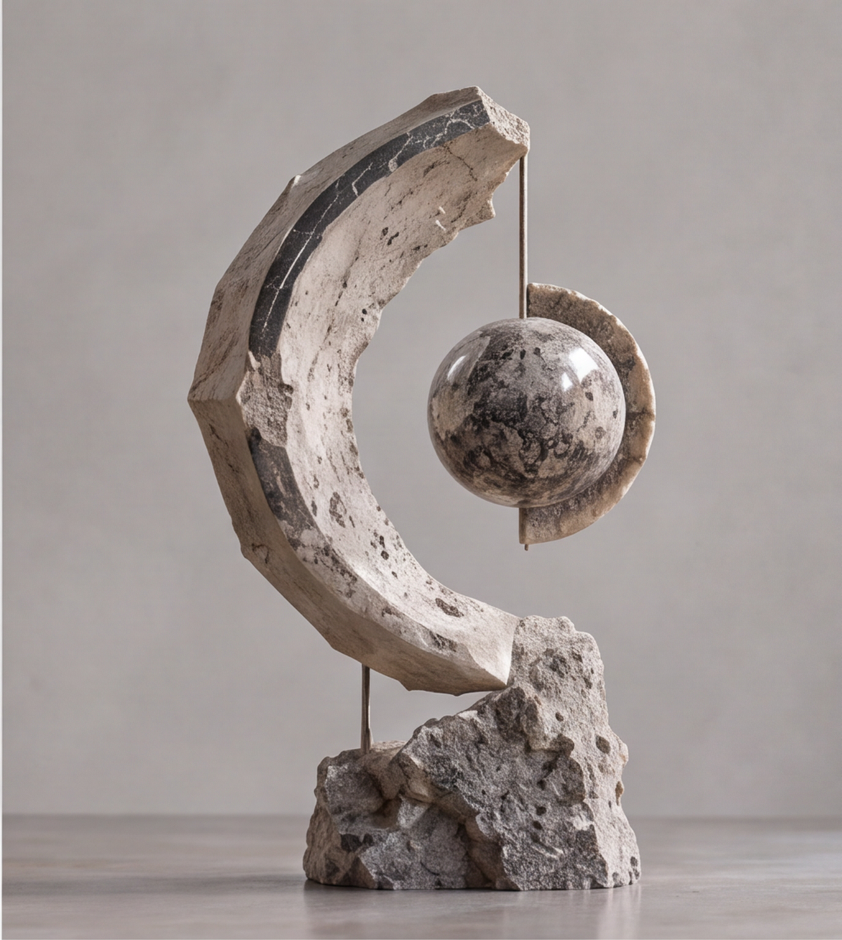 Front view of HOMZURE crescent sphere decorative sculpture on its rugged stone-look base