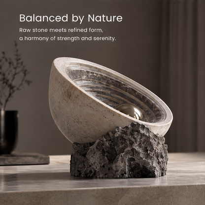 Angled view of HOMZURE sculptural bowl showing its pale outer form, dark textured base and inset sphere
