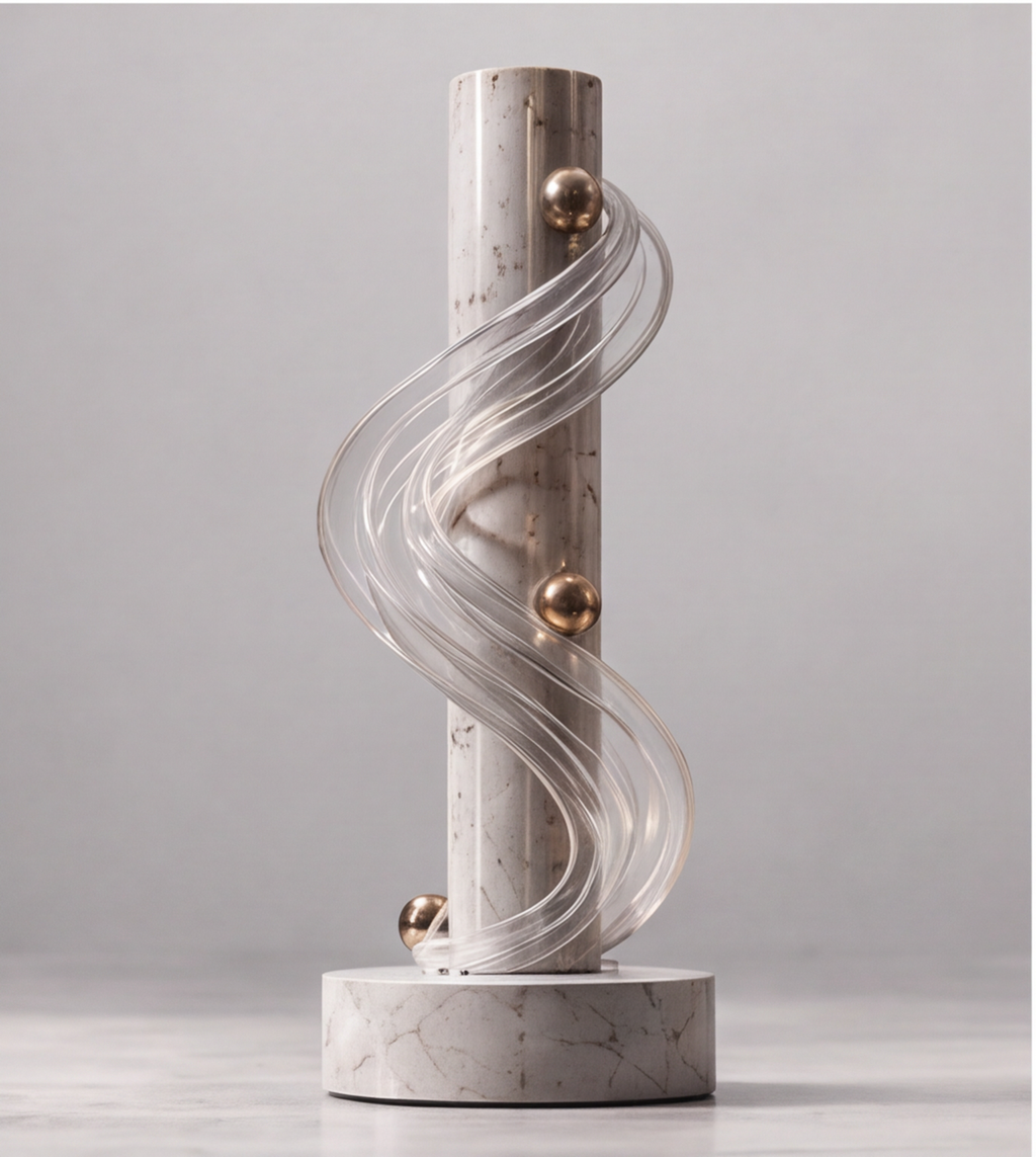 Four-panel collage of the HOMZURE spiral column sculpture showing full and detail views