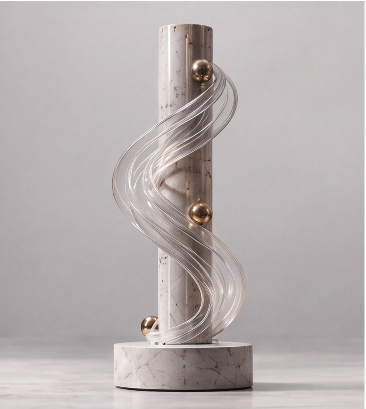 Four-panel collage of the HOMZURE spiral column sculpture showing full and detail views