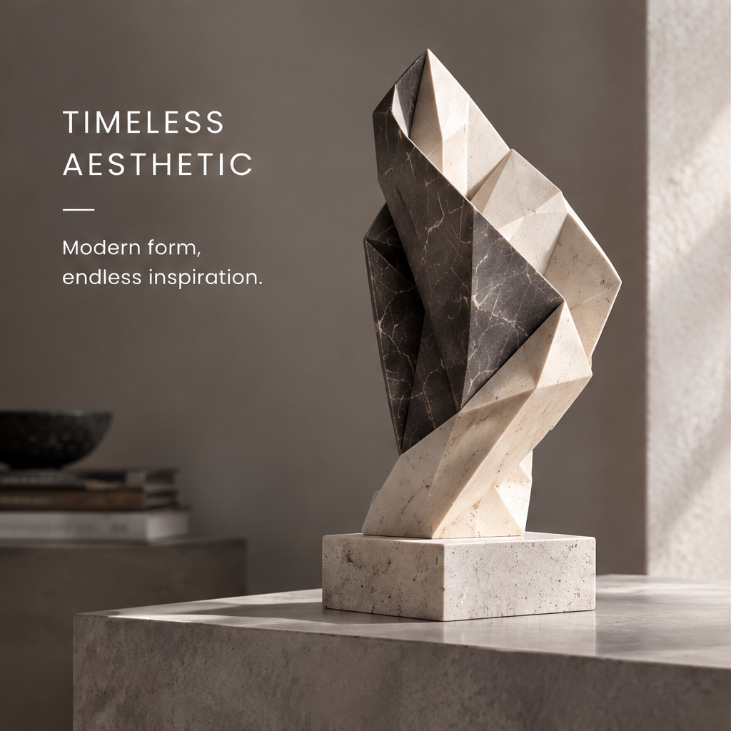 HOMZURE geometric stone sculpture on its square base in soft light